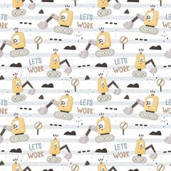 seamless pattern with cartoon bulldozer, decor elements. Colorful illustration flat style for kids. hand drawing. baby design for fabric, print, wrapper, textile