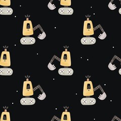 seamless pattern with cartoon bulldozer,  decor elements. Colorful illustration flat style for kids. hand drawing. baby design for fabric, print, wrapper, textile