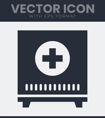 First aid kit featuring a prominent cross symbol on the front panel and a series of horizontal lines below, displaying a health care container for emergency use, vector illustration
