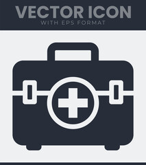 Obraz premium First aid kit container icon with a medical cross on its front panel, a simple graphic representation of emergency health care equipment for safety and medical assistance, vector illustration