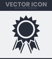 Graphic design element featuring a starburst shape surrounding a central circular area, with two ribbon elements extending downwards from the main award symbol, vector illustration