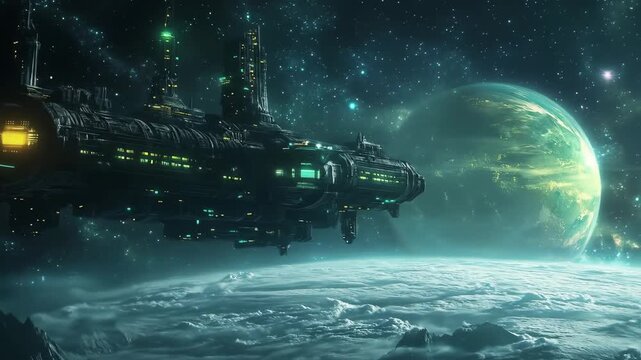 Spacecraft in deep space with distant planet and starfield background