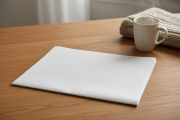 Blank newspaper with a steaming mug on a wooden table