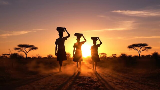 Three African schoolgirls in silhouette carrying books on their heads at sunset. Children walking home on a dusty road in the savanna. Education, hope, and knowledge concept