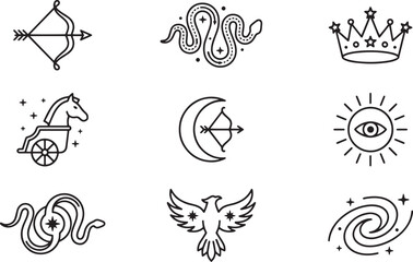 Celestial objects and mythical creatures outline icon set