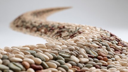 Obraz premium Assorted beans arranged in a curved pattern on white background for culinary design