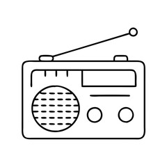 A simple black and white line art illustration of a retro portable radio with an antenna