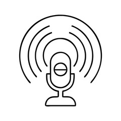 A simple line art icon illustrating a podcast microphone broadcasting sound waves for audio recording.