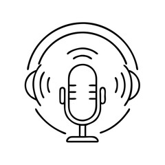 Minimalist black line art icon illustrating a podcast microphone and headphones for audio recording.