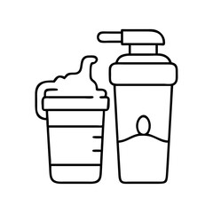 Outline illustration representing nutrition supplements and a shake in containers