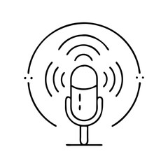 Black line art icon of a podcast microphone broadcasting sound waves within a circular frame