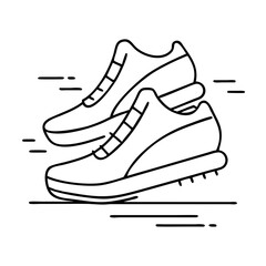 A black and white line art illustration of a pair of athletic running shoes