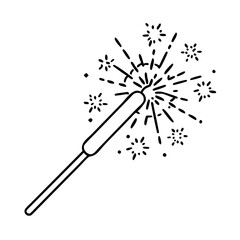 Minimalist black and white line art illustration of a burning sparkler firework
