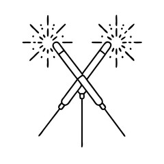 Black and white line art illustration of two crossed sparklers glowing brightly