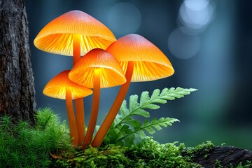 Fototapeta premium Glowing mushrooms illuminating mossy forest ground at night