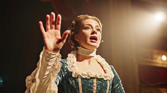 An emotional actress in a historical costume performs on a theater stage. A dramatic opera singer singing a monologue under a spotlight. Classical art and entertainment concept