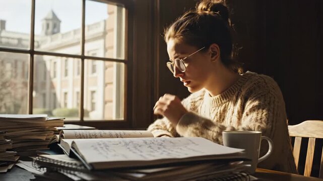 Tired female student studying with stacks of books in a university library. Young woman wearing glasses rubbing eyes from fatigue while writing notes. Exam preparation and academic burnout concept