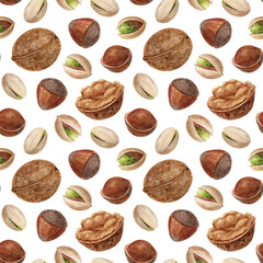 Watercolor nut seamless pattern peanut, walnut and pistachio, on white background. Hand drawing illustration for textile, wallpaper.