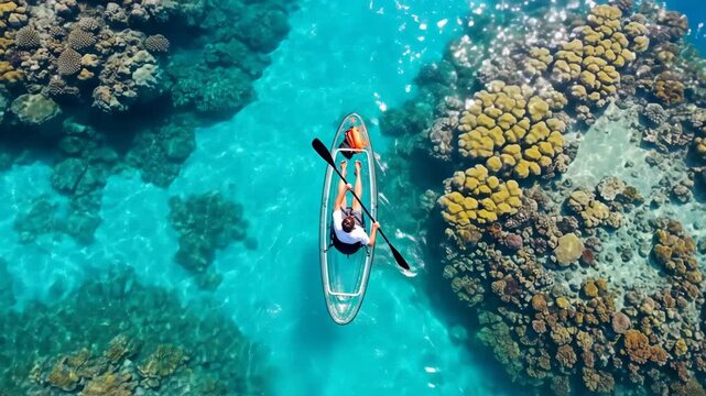 Aerial kayak adventure over vibrant coral reef in crystal clear caribbean waters