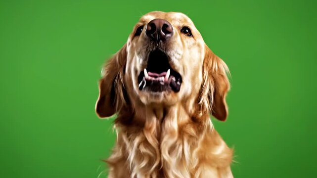 Close Up Golden Retriever Dog Barking and Panting on Green Screen Chroma Key