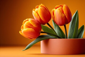 Orange tulips flowering in a round vase still life