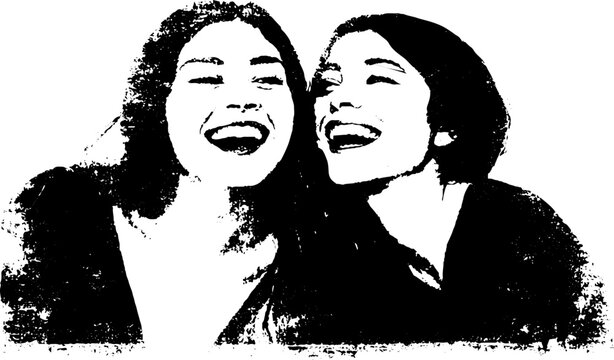 Black and white stencil art of two friends laughing - urban graffiti style illustration