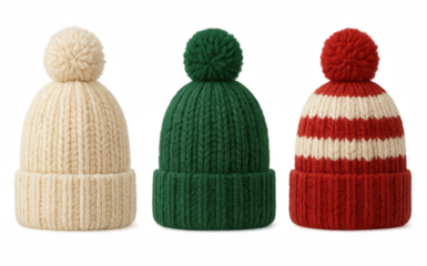Three knitted winter beanies with pom poms in cream, green and red striped colors on transparent background, cozy Christmas hats collection