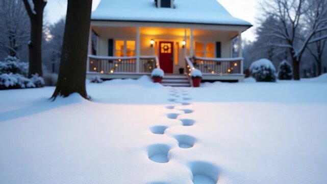 Footage Snowy footprints lead up to a house entrance, perfect for winter scenes or outdoor activities