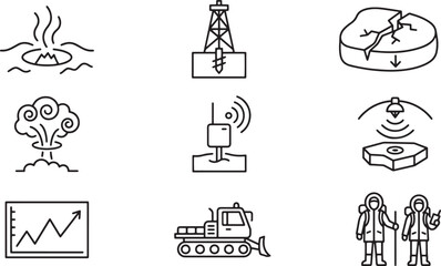 Set of black line icons for geology and natural disaster exploration vector illustration