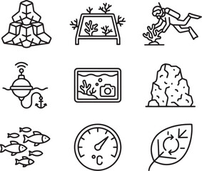 Set of black line icons for marine biology underwater research and ocean conservation