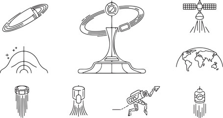 Set of futuristic space travel vector line art icons celestial objects and spacecraft