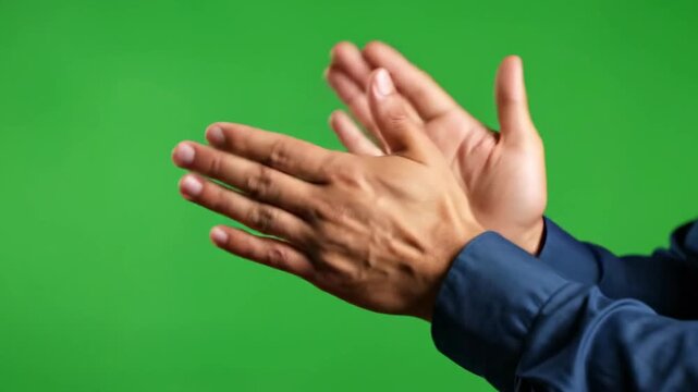 Close-up side view of man's hands clapping and applauding on green screen chroma key background