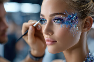 Professional makeup artist applies vibrant face makeup to model during a beauty event in a studio