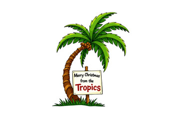 Fototapeta premium Festive tropical palm tree with a Christmas greeting sign, blending holiday cheer with vibrant tropical scenery for a unique seasonal celebration.
