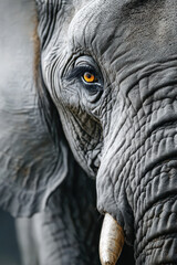 African elephant's eye highlighting detailed grey wrinkled skin texture and powerful ivory tusk