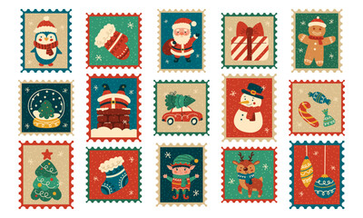 Naklejka premium Set of New Year and Christmas postage stamps. Stickers for gift decoration. Santa Claus and a snowman, a Christmas tree, a penguin, and a deer. Vector illustration.