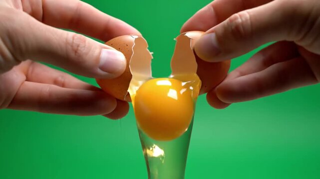 Close-up of Hands Cracking Open Raw Brown Egg on Green Screen