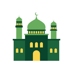 Green mosque illustration featuring dome and minarets in simple flat design