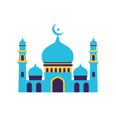 Modern flat design illustration featuring a blue mosque with minarets and crescent moon
