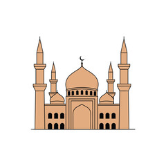 Simple line art drawing of a mosque with domes and minarets in brown and black colors