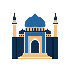 Blue mosque building icon silhouette with minarets and dome against a white background