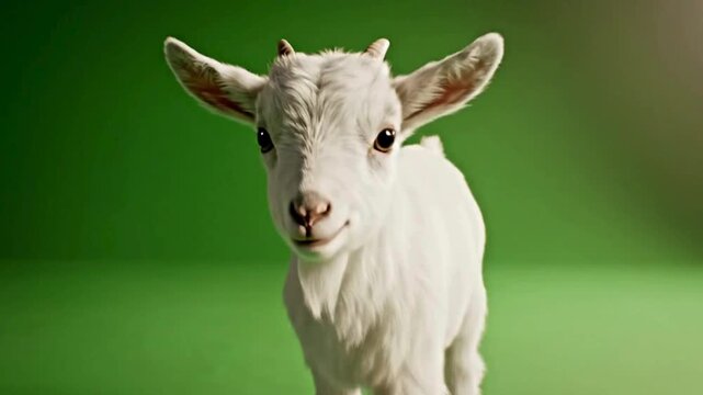 Adorable white baby goat with small horns stands centered against a vibrant green screen background for easy compositing