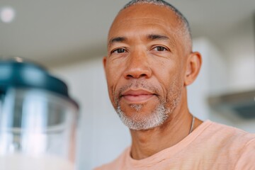 Mature men preparing healthy smoothies in bright home kitchens, casual wellness lifestyle