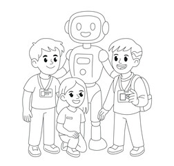 Black and white coloring page showing people with badges and a robot at a robotics and technology exhibition. Line art illustration for expo notebooks, planners, corporate printing and modern tech eve