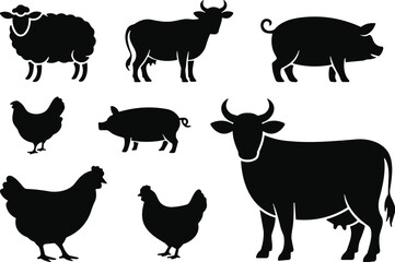 Set of common farm animal silhouettes, sheep, cow, pig, and chicken, agriculture and livestock vector illustration, simple black and white graphic design.