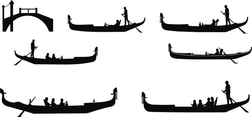 Set of traditional Venice gondola boat silhouettes with gondoliers and tourists, arched bridge, canal, travel, Italy, and romantic water transport vector illustration. © Shihab Creative