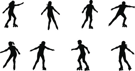 Set of active roller skaters silhouettes, diverse people inline rollerblading or ice skating vector illustration, fun, fitness, sport, recreation graphic clip art.