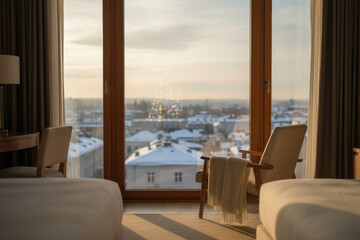 Cozy room with a panoramic window view of a snowy city at golden hour