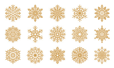 Set of golden snowflake silhouettes on a white background. Element of New Year and Christmas holiday winter design. Vector illustration.