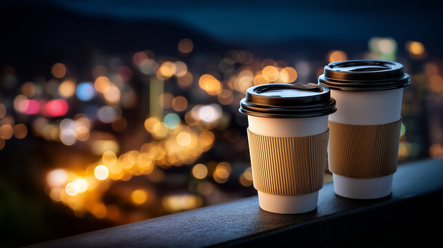 Two disposable coffee cups sitting on rooftop edge with city lights blurred into beautiful bokeh in night background, urban nightscape photography, romantic evening atmosphere, wit - Powered by Adobe